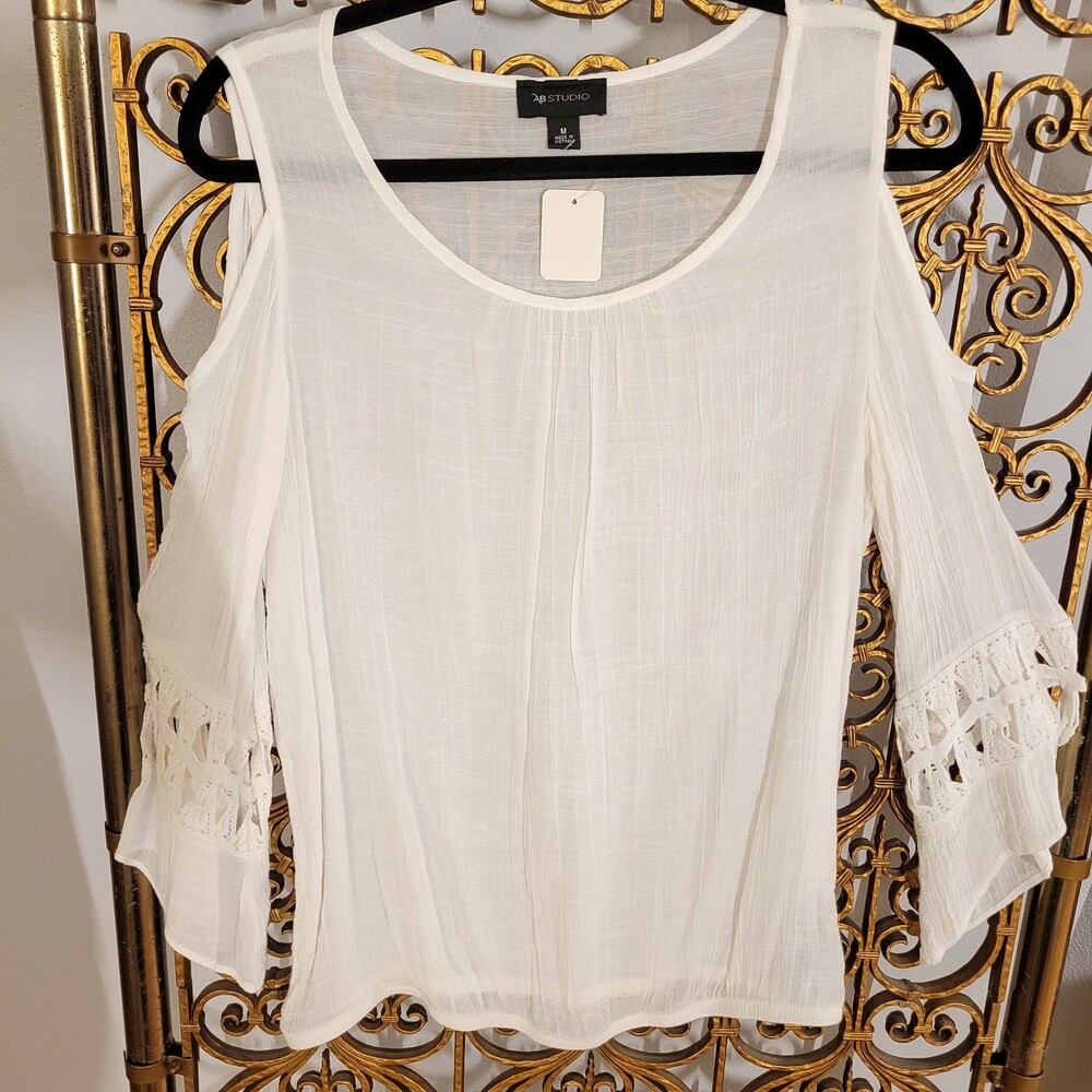 AB Studio White Cold Shoulder Blouse Crochet Lace Bell Sleeves